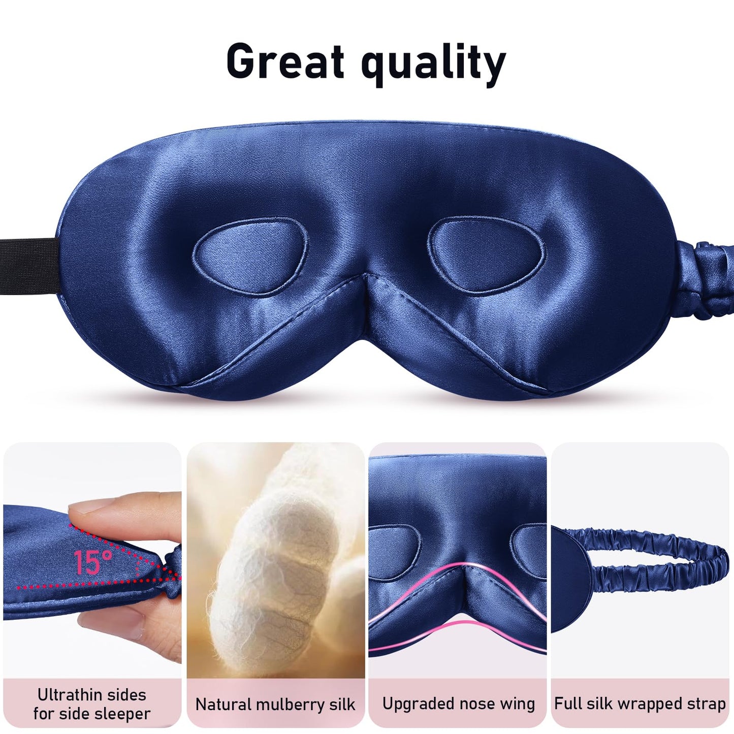 LitBear 100% 22 Momme Mulberry Silk Sleep Mask - 3D Contoured Eye Mask for Men Women, Soft Breathable Sleeping Mask with Adjustable Strap, Perfect Blocks Light for Sleeping (Midnight Blue)