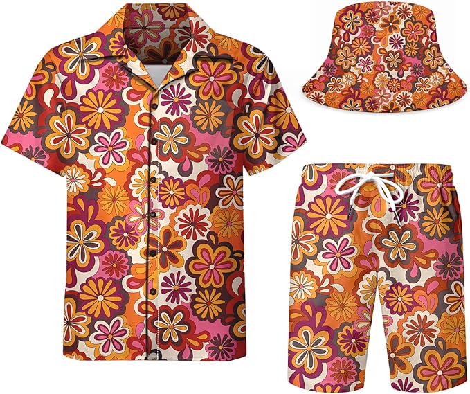 DOOPCCOR Men's 3 Piece Tracksuit Cuban Collared funny Hawaiian Shirt Shorts Button Down Sets With Bucket Hats