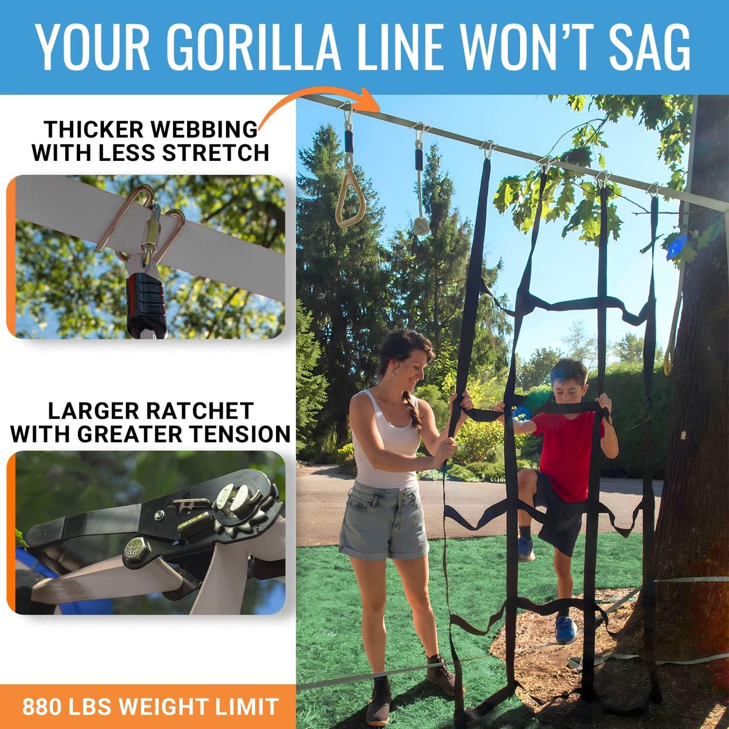Hyponix Ninja Obstacle Course for Kids – 2 x 60 ft Slacklines with 13 Weatherproof Obstacles – Monkey Net, Ratchet-Tight Tech, Supports 880 lbs – Climbing & Swinging Backyard Fun