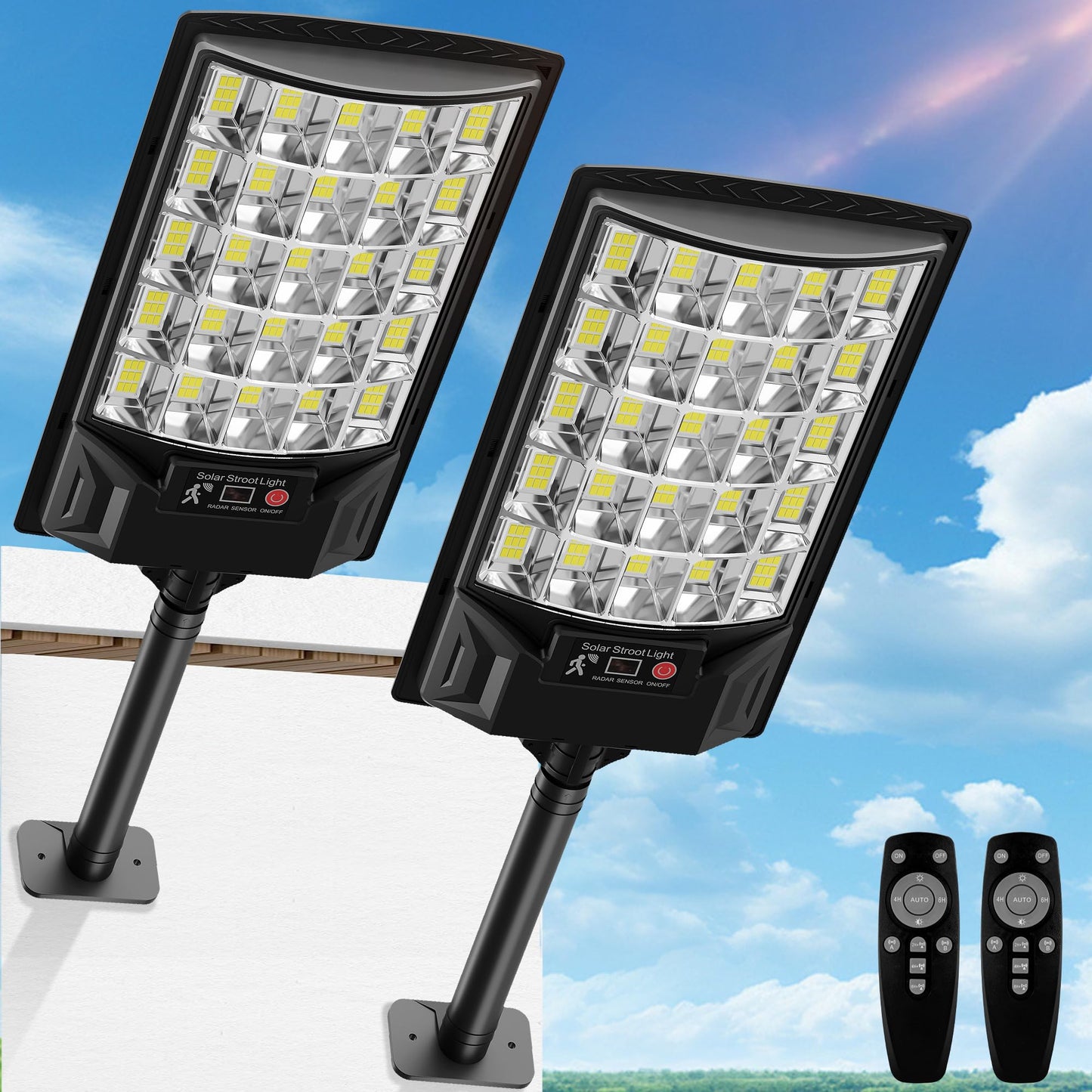Aqraou Solar Street Lights Outdoor, 6500K LED, Waterproof, Motion Sensor, Remote Control, 2 Pack, White, Model SL4241