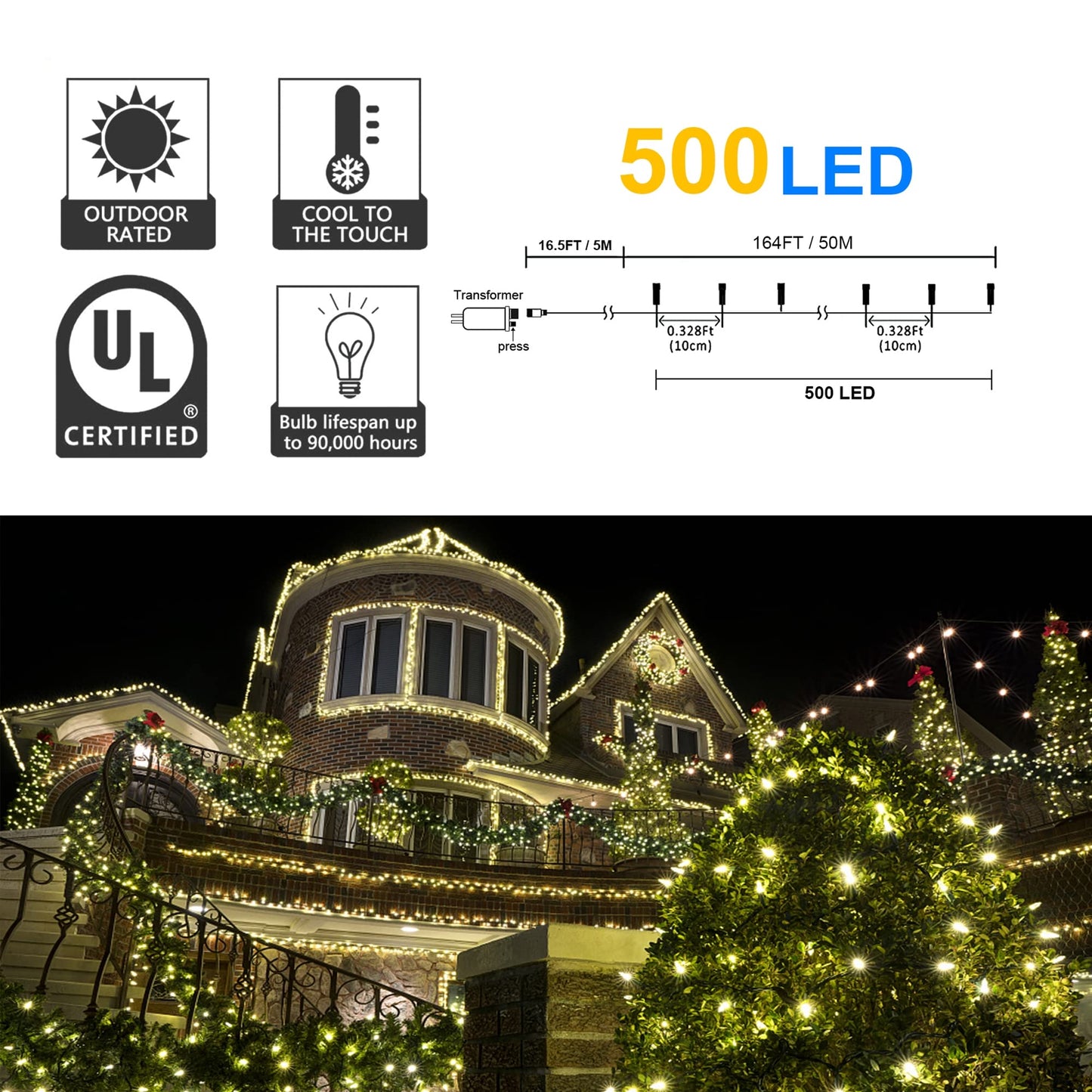 weillsnow LED Christmas Lights 164FT 500 Waterproof Twinkle Warm White HB-500COI