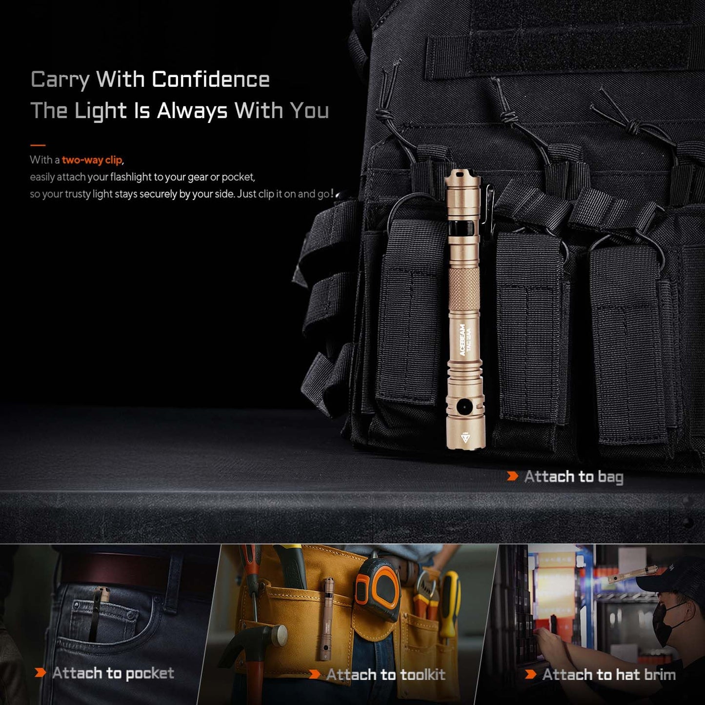 ACEBEAM TAC 2AA EDC Flashlight, 1470 Lumens, Rechargeable, Aluminum, Desert Color