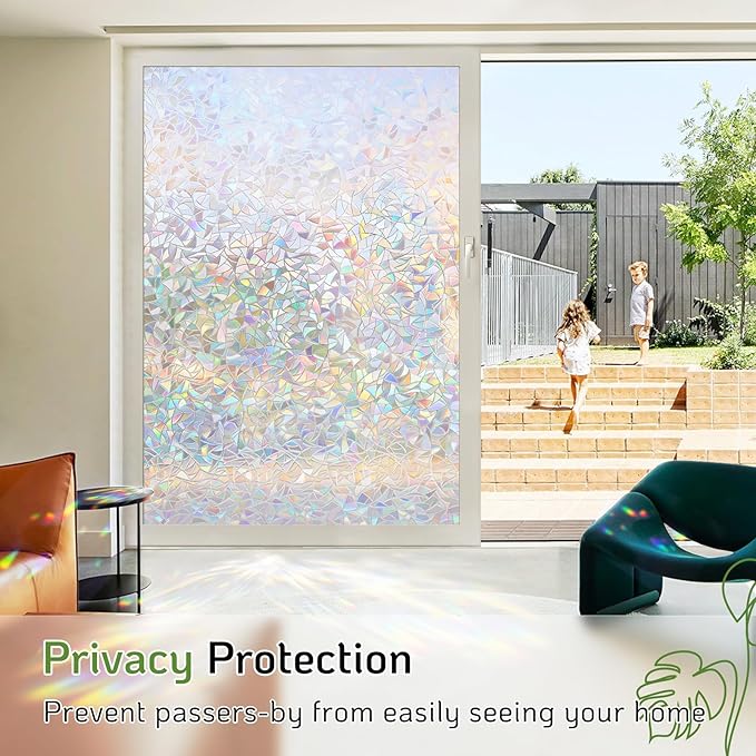 LUTE Window Privacy Film, Rainbow Window Film, 3D Decorative Stained Glass Cling, Non-Adhesive Vinyl Static Cling Removable Glass Stickers, Sun UV Blocking Decal Covering for Home, 11.8 x 78.7 inches