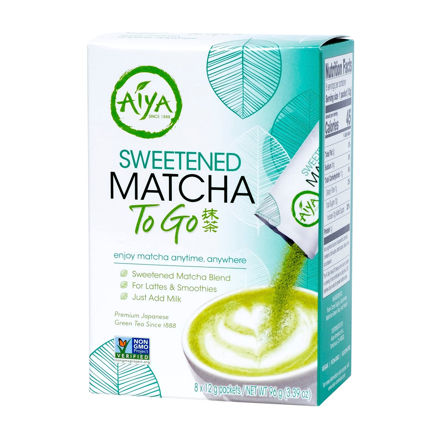 Aiya Japanese Sweetened Matcha Powder to Go Sticks - Ceremonial Grade, Vegan-Friendly, Gluten-Free - 8 Individually Packed Singl