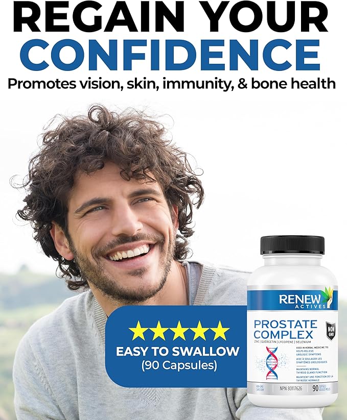 Renew Actives Prostate Complex 2 Softgels per Serving – Men's Wellness for Prostate, Thyroid, Immune & Eye Health – Antioxidant Support for Vitality & Performance – Made in Canada - 90 Softgels