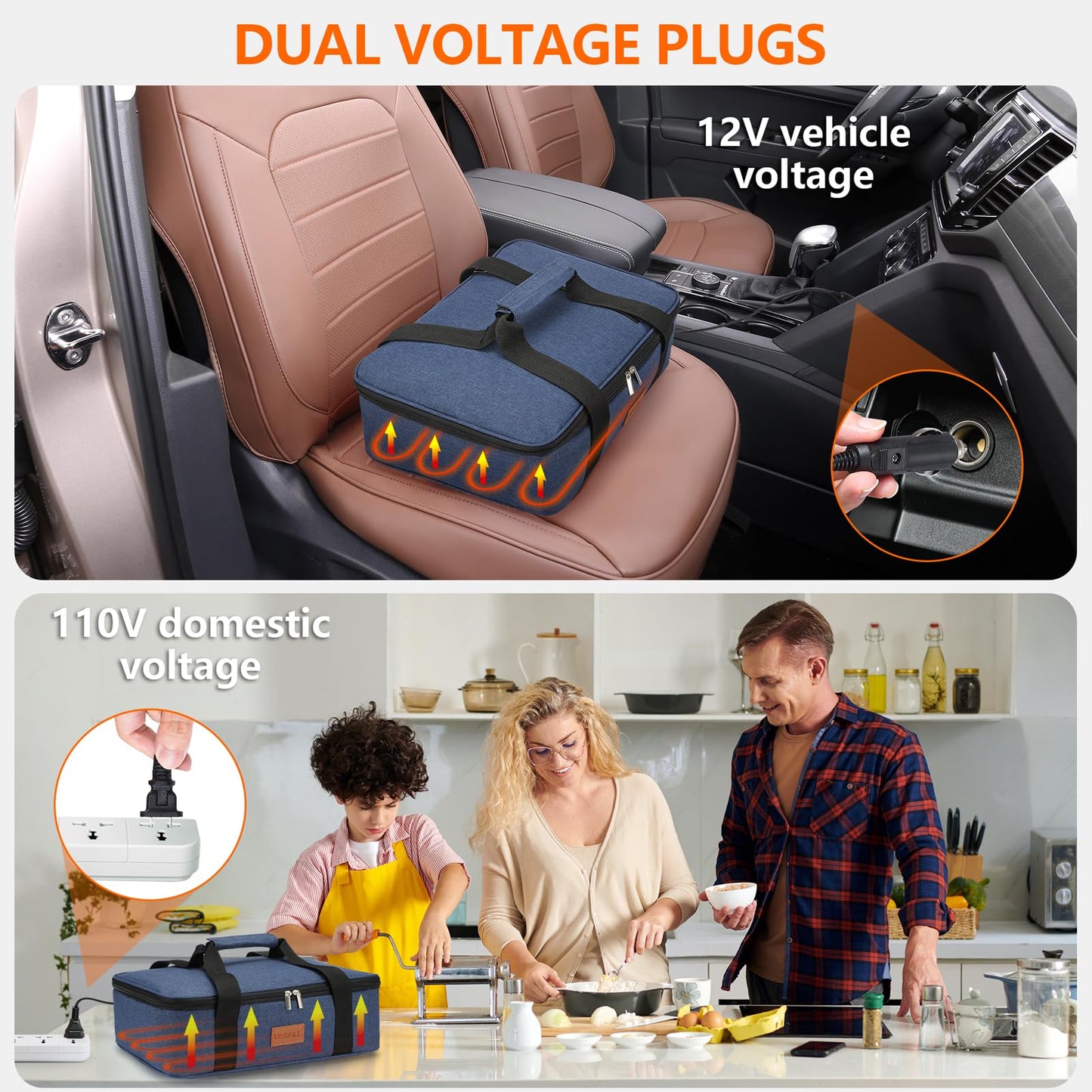 Food Warmer Electric Casserole Carrier - Large Heated Lunch Bag for Car Truck, 12V/24V/110V, Thermos for hot food for Potluck Cookouts Parties Picnic,Lasagna Lugger,Fits 9"x13" Baking Pan (Navy)