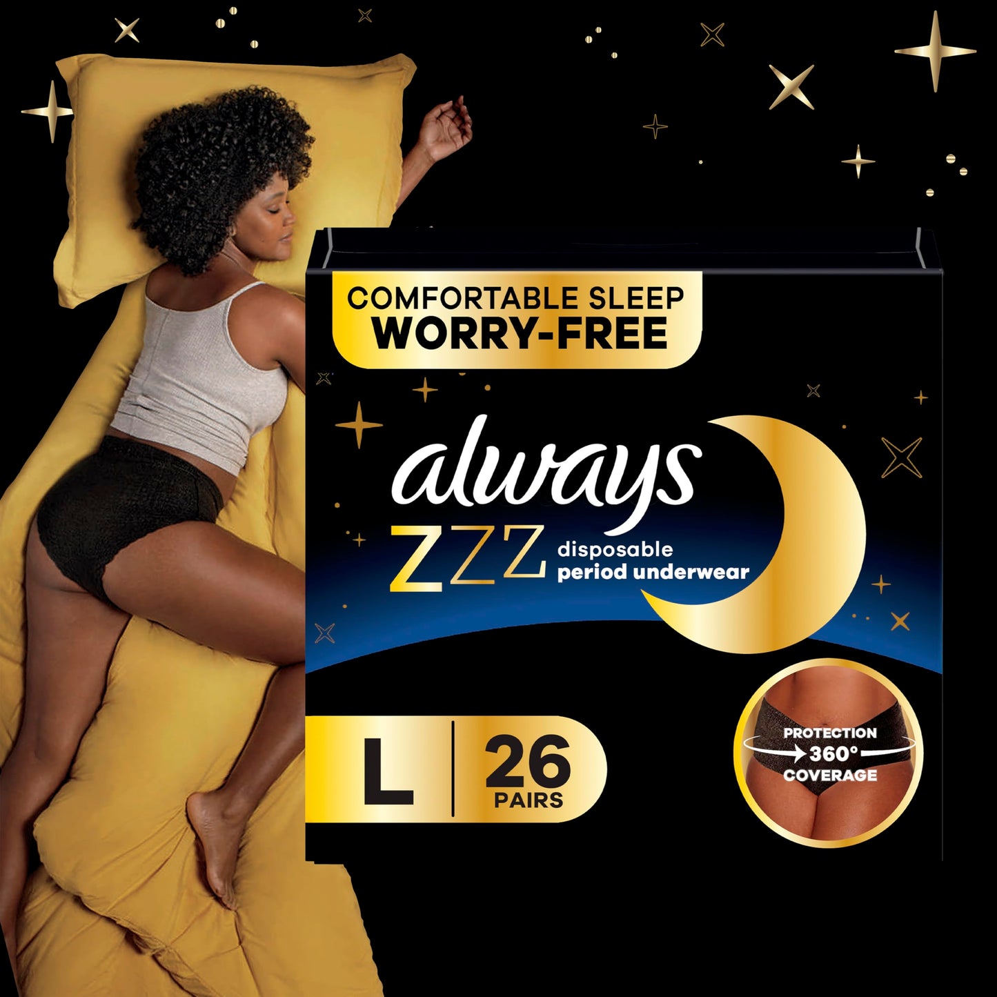 Always ZZZs Disposable Period Underwear, Size L, Absorbs 5X More Than an Ultra Thin Overnight Pad, Comfortable Sleep Worry-Free Nights 26 Count