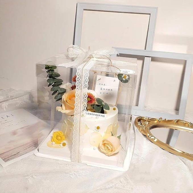 5 Pcs, 12'x12'x11' inch Food Grade Clear Plastic Display Boxes, 29.4 x 29.4 x 25 cm with Ribbon, for Cakes, Bakeries, Desserts, Birthday, Christmas and Thanksgiving