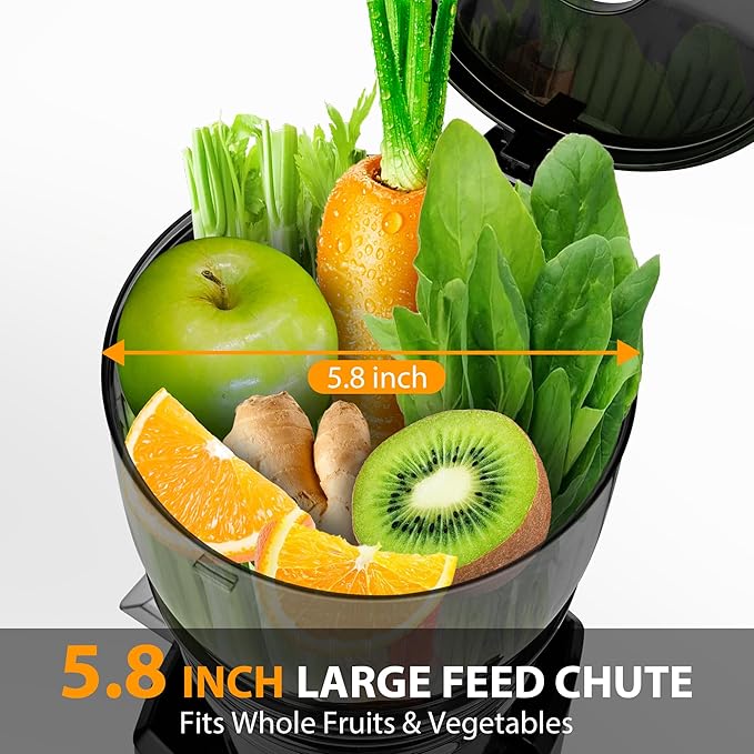 Pukomc Cold Press Juicer,5.8" Wide Feed Chute Juice Extractor Machine with 300W,Slow Masticating Juicer for Whole Vegetables & Fruits,High Juice Yield,Easy to Clean,Grey