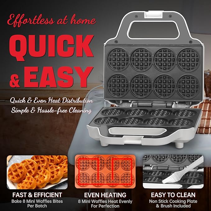 Mini Waffle Maker Machine, Tiny Waffle Bites Iron for Kids, Bake 8 x 2'' Tiny Waffle Bites, Small Waffle Maker, Compact & Easy Use, Non Stick Surface, Recipe Included, White