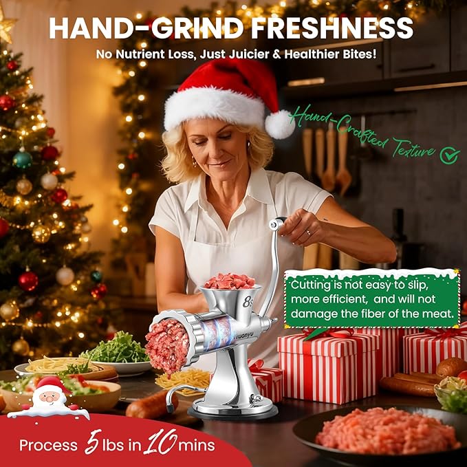 Huanyu Manual Meat Grinder - Heavy Duty Stainless Steel, Effortless Hand Crank for Fresh Ground Beef, Sausages & Pet Food - Compact, Dishwasher Safe - Perfect for Home Restaurant & Outdoor