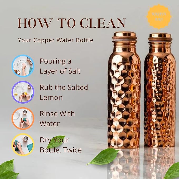 Pure Copper Metal Water Bottle - 32 oz - Indian Handmade Ayurveda Healing Drinking Water Bottle for Travel, Hiking, Gym, Office, Outdoor - Glossy Honeycomb
