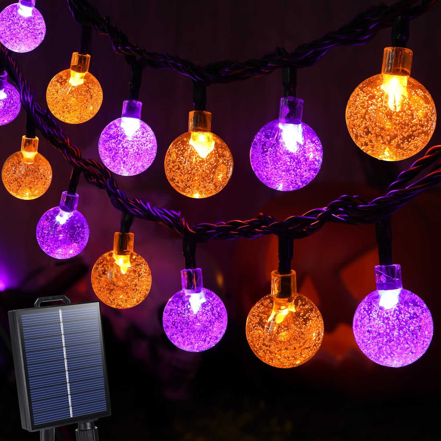 Joomer Solar String Lights - 100LED 72FT Waterproof Crystal Globe Lights, Orange Purple, 8 Modes for Outdoor Patio Halloween Decor