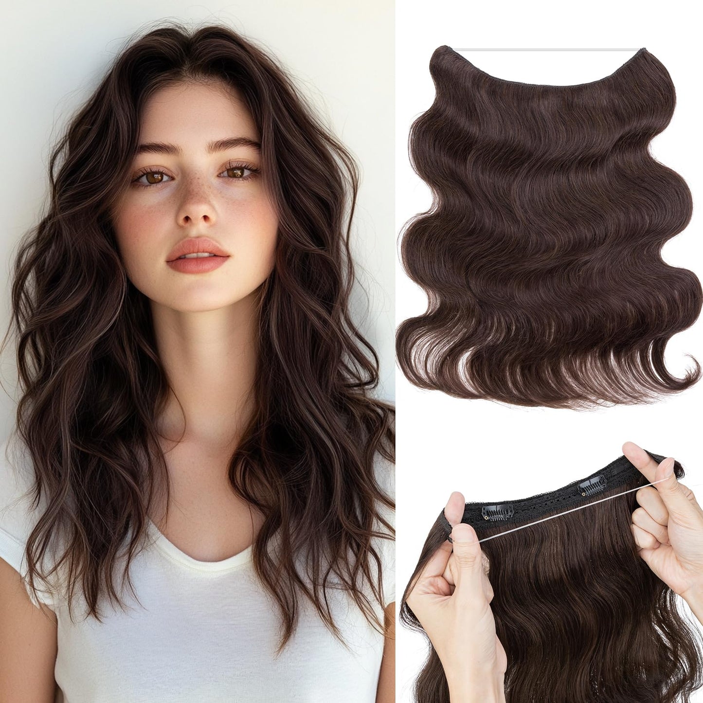 S-noilite Wavy Halo Hair Extensions Real Human Hair,18Inch Invisible Wire Hair Extensions,2 Clips Halo Extensions for Women(Dark