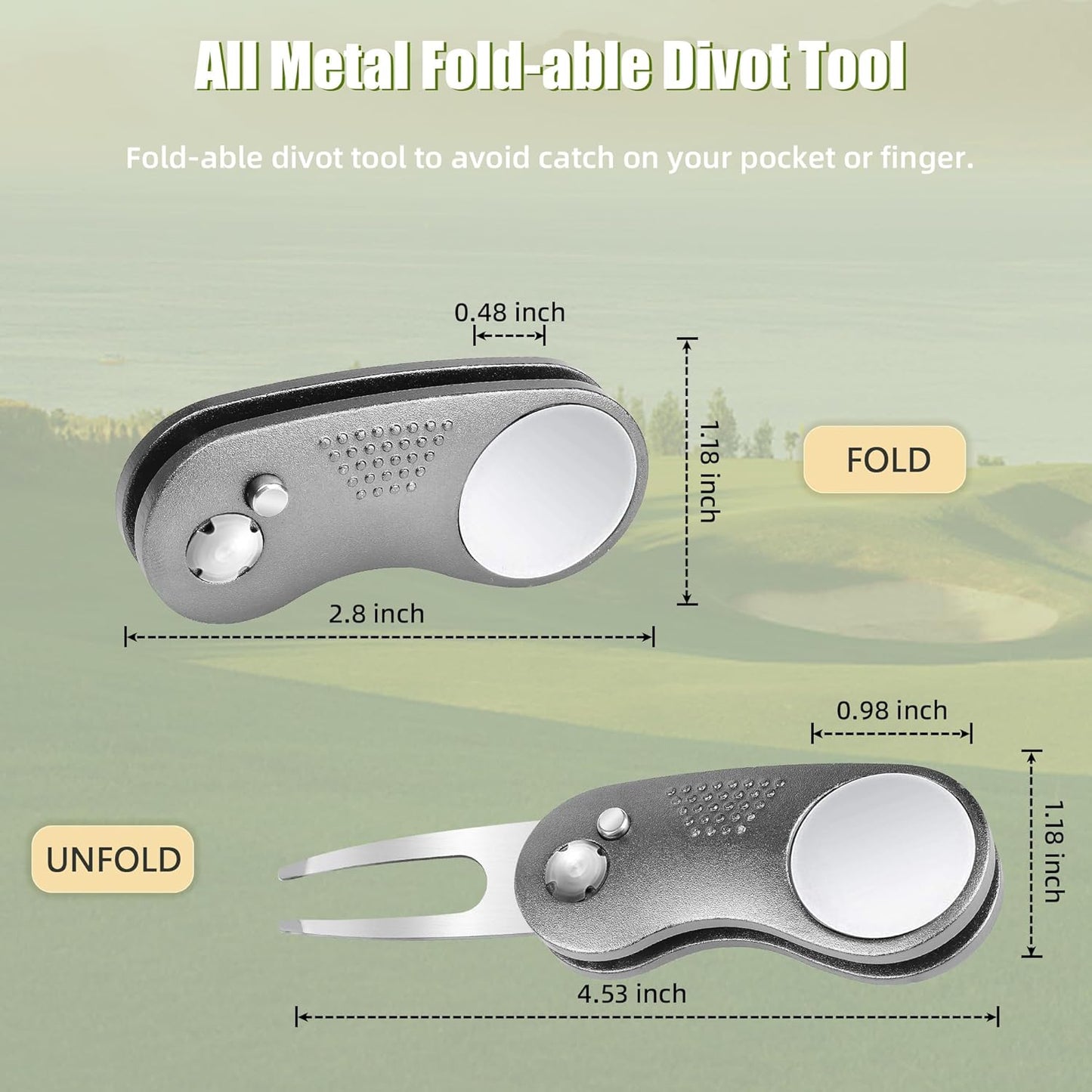 Mile High Life Golf Divot Repair Tool, All Metal Foldable Divot Tool with Pop-up Button & Magnetic Ball Marker