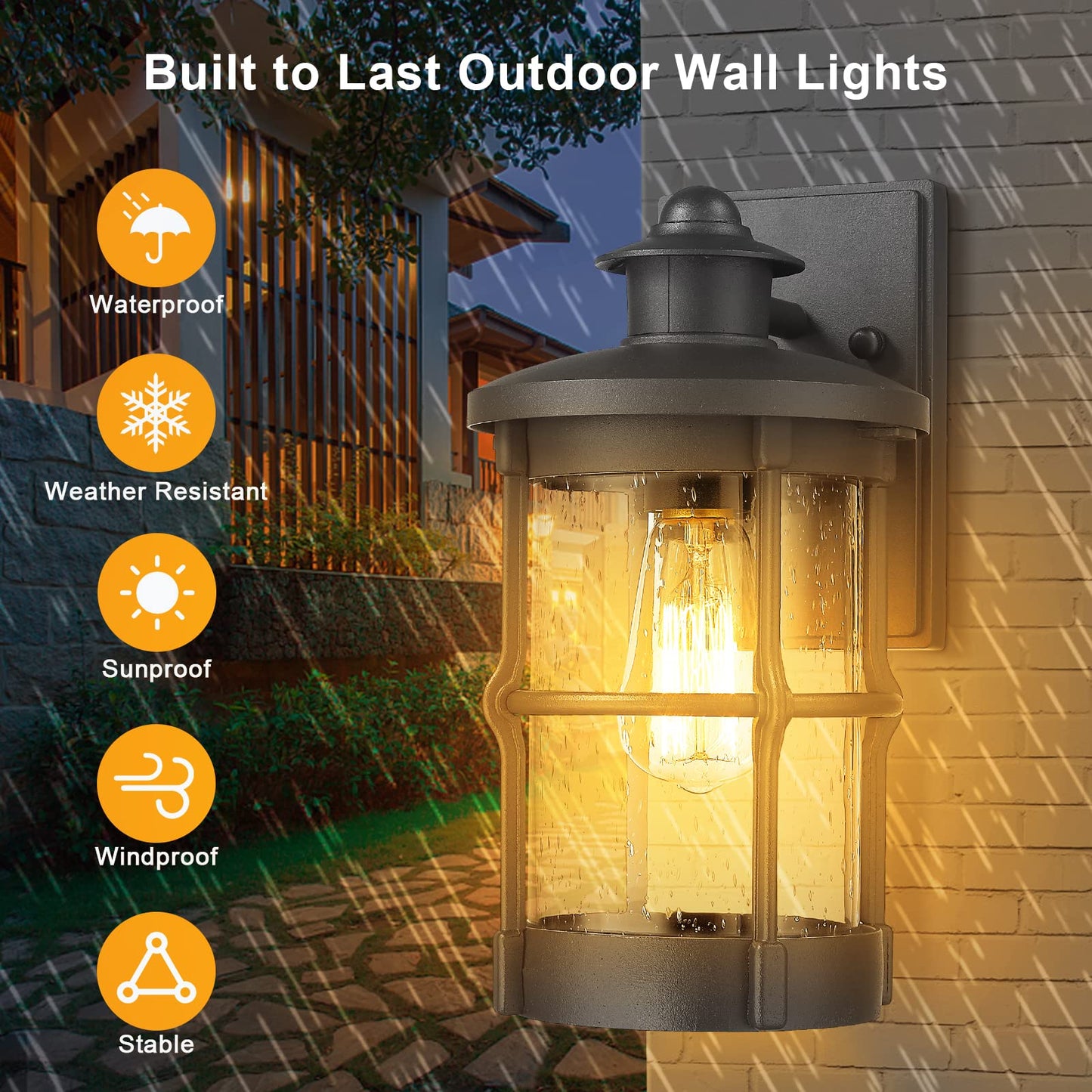 Rosient Outdoor Wall Sconces - Exterior Wall Mount Lighting Fixture In Black Finish With Seeded Glass (2 Pack)