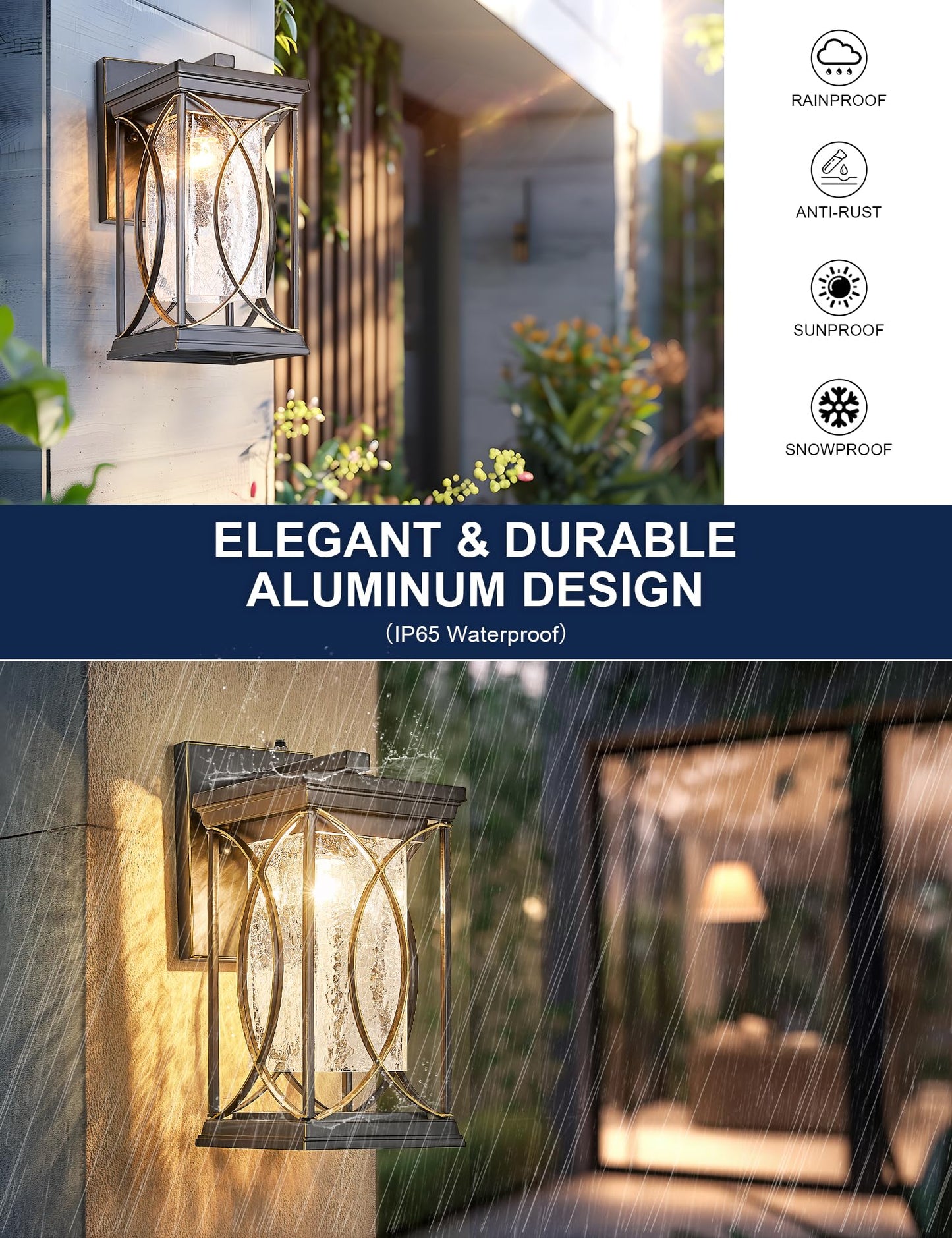 Delicavy Dusk To Dawn Outdoor Wall Light Black With Gold Trim Modern Exterior Sconce Aluminum Waterproof Coach Light Fixture With  -Like Glass Outside Wall Lantern For House Garage Porch Lighting