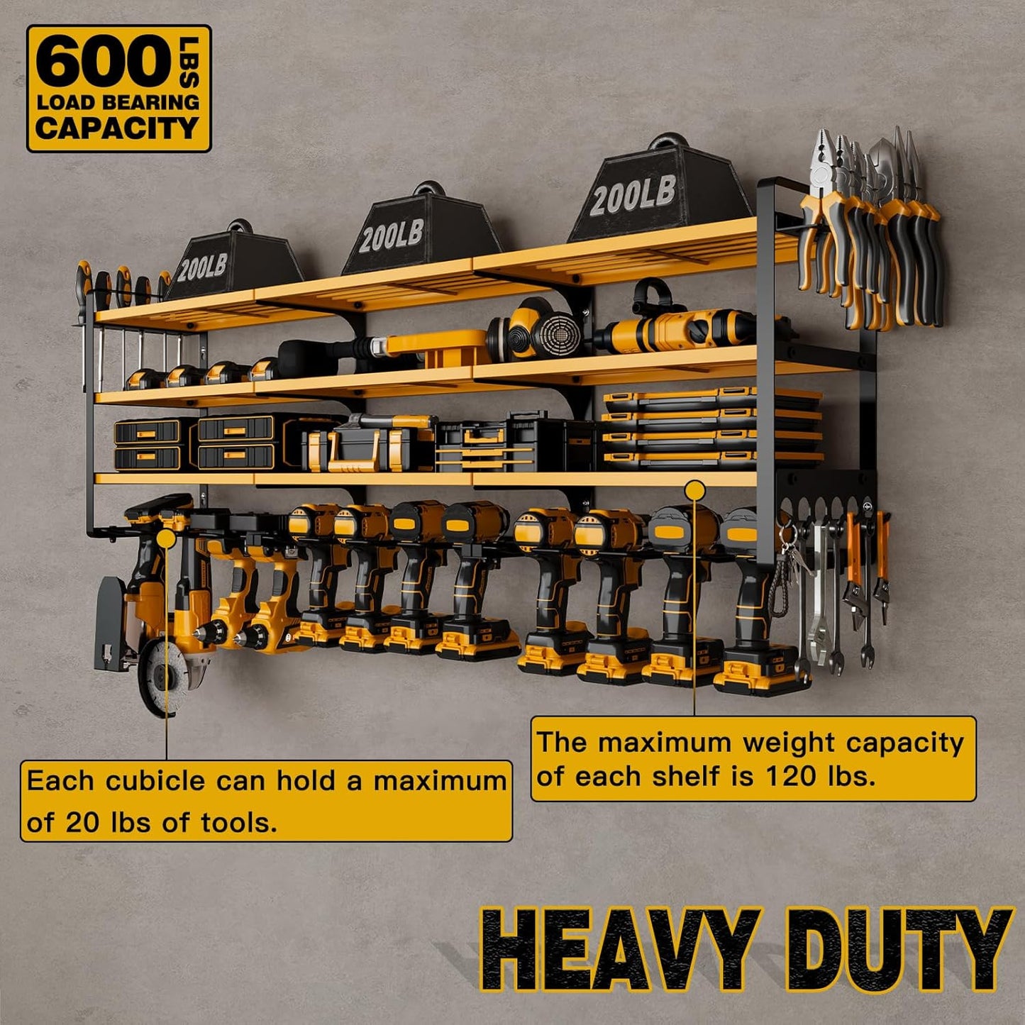 48" Large Power Tools Organizer Wall Mount,12 Drill Holder for Garage, Workshop Heavy Duty Storage Rack (Yellow)