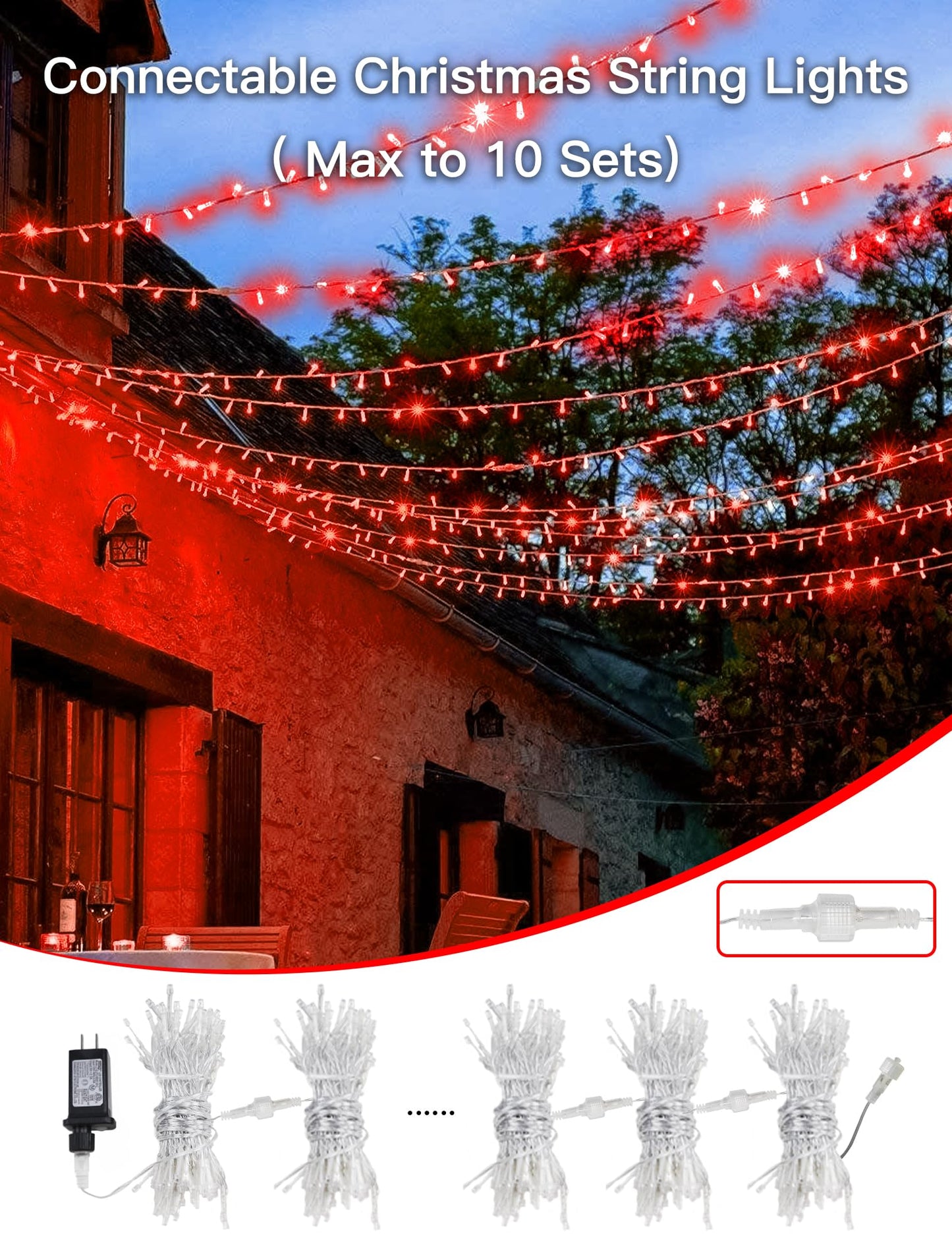 Mygoto 33Ft 100 Leds String Lights Waterproof Fairy Lights 8 Modes With Memory 30V Ul Certified Power Supply For Home  Garden  Wedding  Party  Christmas Decoration Indoor Outdoor (Red)