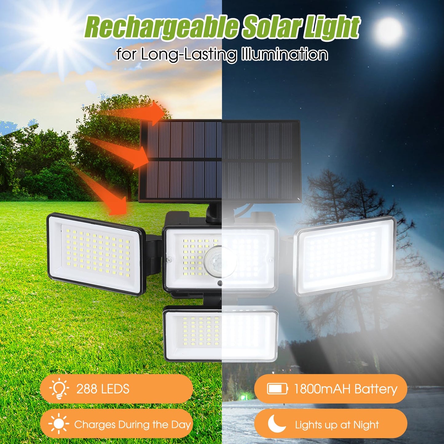 CADUKE Solar Motion Sensor Lights, 4 Heads, 2500LM, IP65 Waterproof, Remote Control, Black, 2 Pack, Model RK-Solar Light