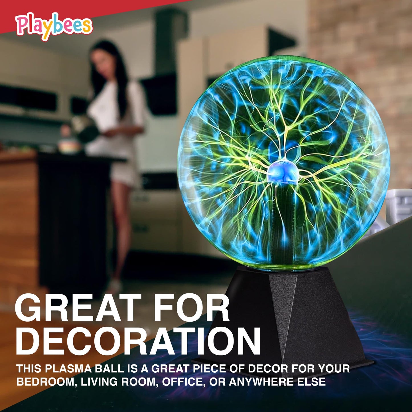 Playbees Green Plasma Ball - 7 Inch - Tesla Coil Bulb Static Electricity in a Vacuum Pressurized Glass Globe, Nebula Thunder Lightning, Plug-in - for Parties, Decorations, Prop, STEM