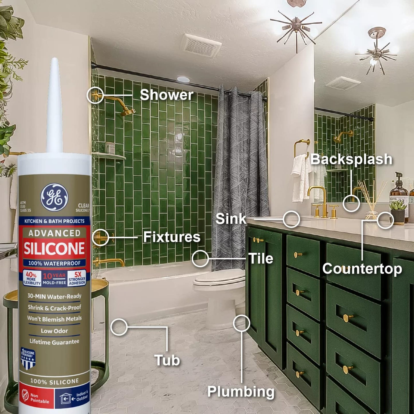 GE Advanced Silicone Kitchen & Bath Sealant Almond, 2.8 oz, 1, Tube