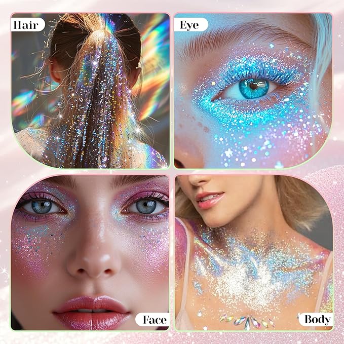 DAGEDA 2 Colors Roll-on Body Glitter, Eye Face Glitter Gel for Festival Outfit Mermaid Accessories,Holographic Color Body Shimmer Makeup Rave Outfits Accessories for Women(01+02)