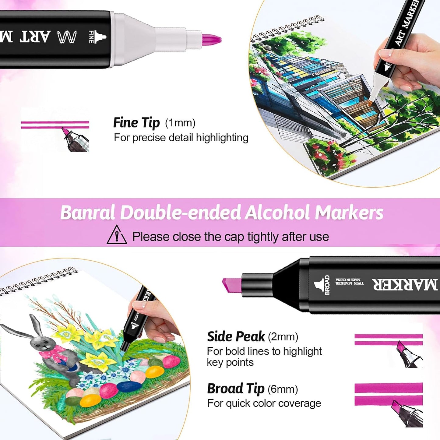 Banral Alcohol Markers, 36 Colors Dual Tip Alcohol Based Art Marker Set for Artists Adults, Permanent Drawing Pens for Adult Coloring Sketching Illustration with Case and Holders
