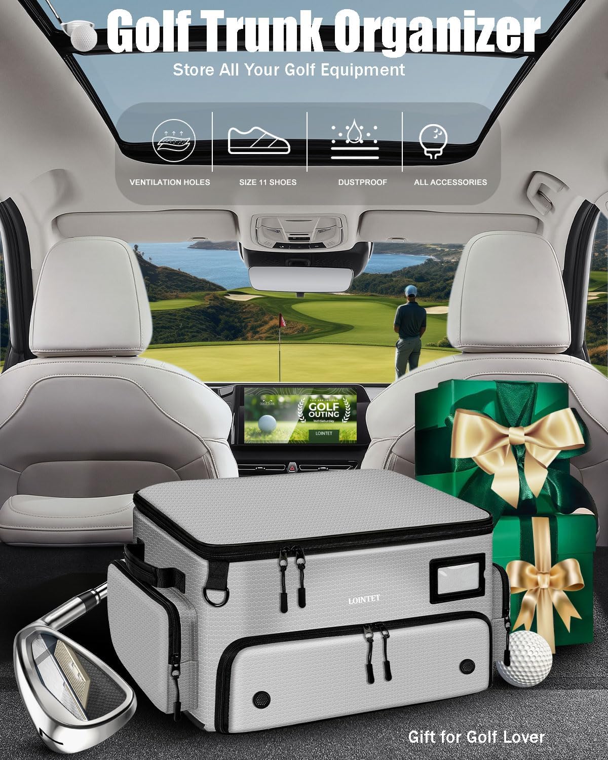 Golf Trunk Organizer, Waterproof Car Golf Locker with Separate Ventilated Compartment for 2 Pair Shoes, Golf Storage for Balls, Tees, Cap, Clothes, Gloves, Accessories, Gifts for Men, Women