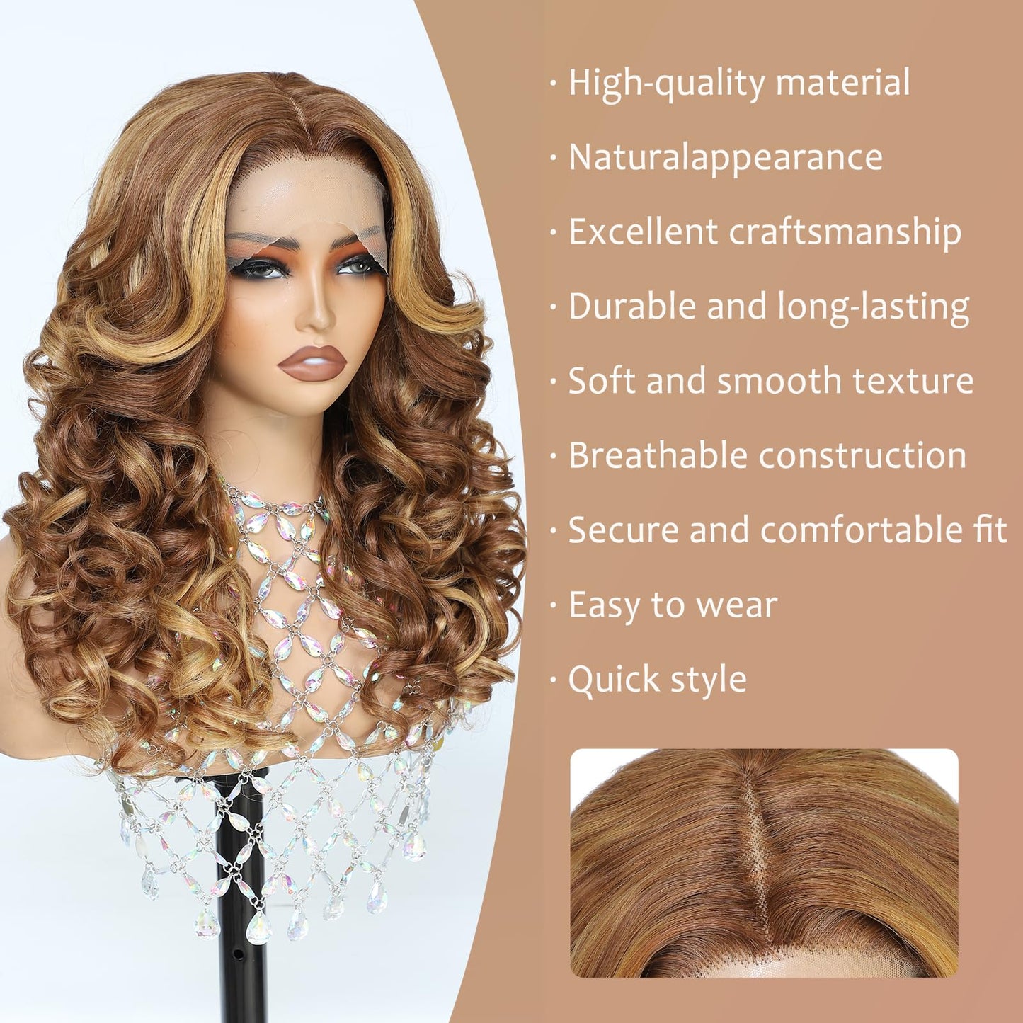 X-TRESS Big Elastic Curly Wave honey blonde Middle Part Lace Synthetic Wig, 22 Inches Yaki, Pre-plucked Glueless Deep Roll Shape