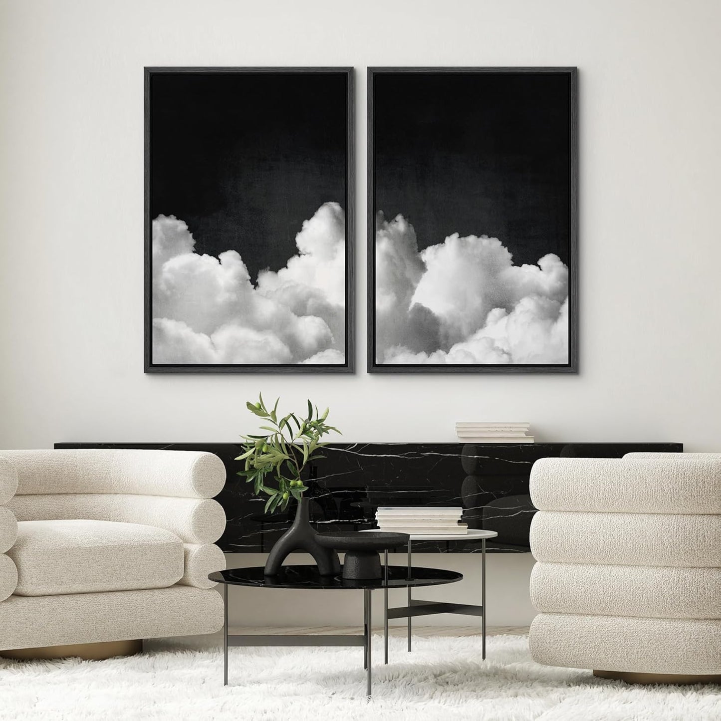 SIGNWIN Framed Canvas Print Wall Art Moody Black and White Cloud Illustrations Modern Art Decorative Contemporary for Living Room, Bedroom, Office - 24"x36"x2 Black