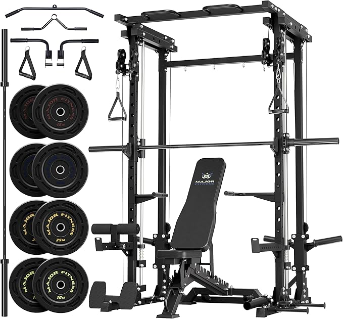 MAJOR FITNESS Drone3 Smith Machine, 2500lbs All-in-One Home Gym Power Rack with Dual Pulley System for Cable Crossover, Pu...