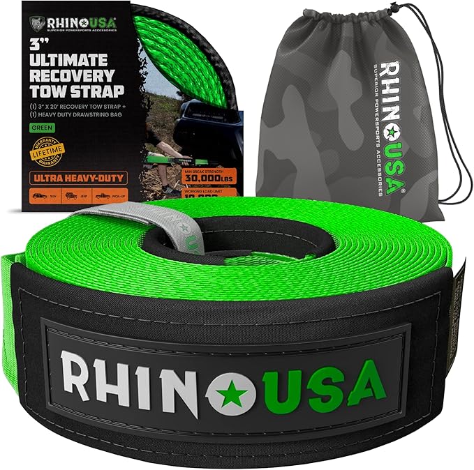 Rhino USA Recovery Tow Strap (3" x 20') - 31,518lb Break Strength - Emergency Recovery Strap Tow Rope for Truck, UTV, ATV...