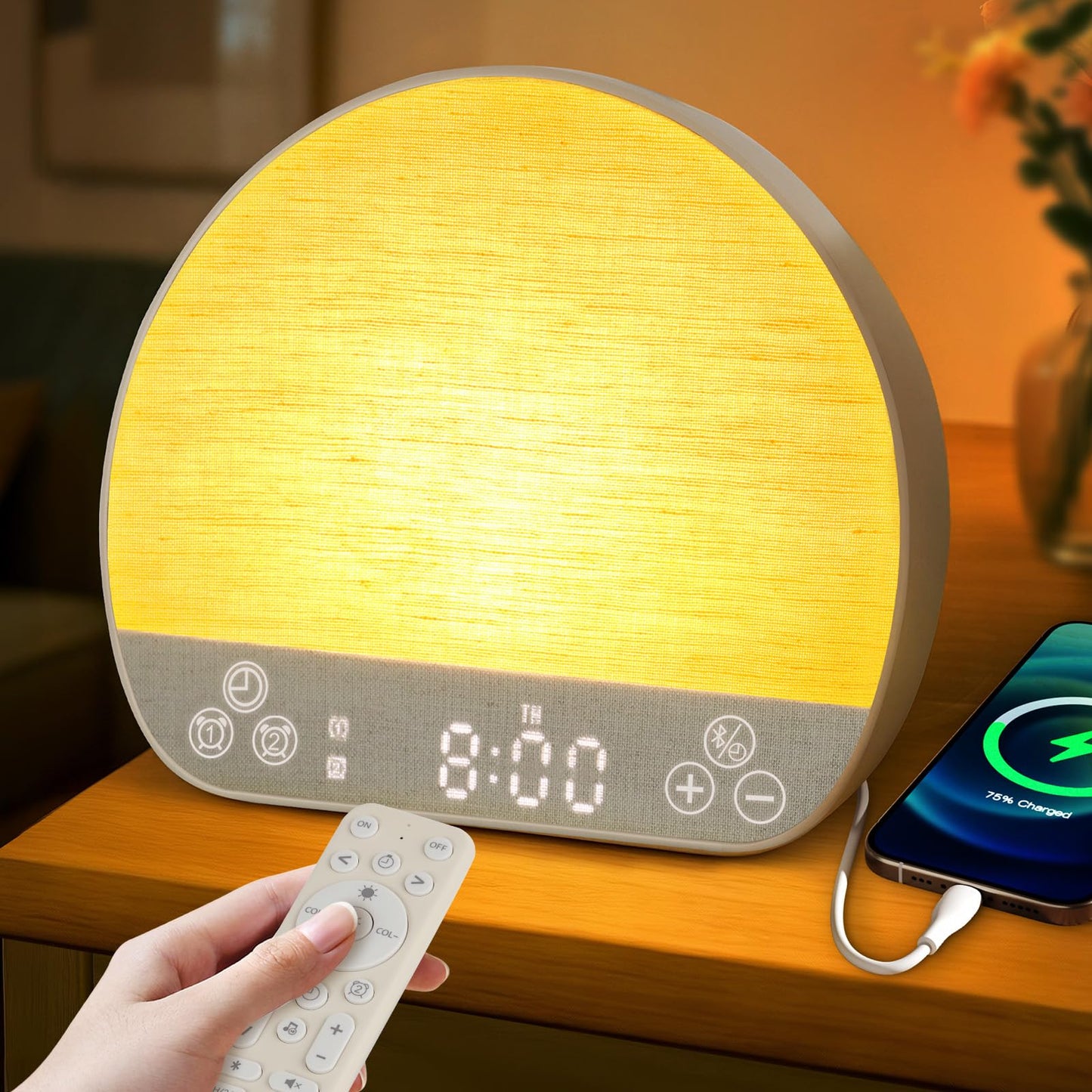 JONRRYIN Sunrise Alarm Clock, Sound Machine Alarm Clock for Bedroom| Wake Up Light for Heavy Sleepers Gift- Bluetooth, Tap to Snooze, USB Charging, 37 Sounds, 15 Colors, Timer, Dual Alarms, Dimmable