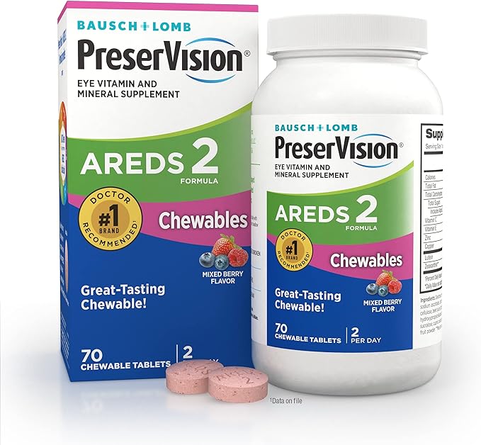 PreserVision AREDS 2 Eye Vitamins, Chewable Lutein and Zeaxanthin Supplement with Vitamin C, Vitamin E,Zinc, and Copper, Mixed Berry, 70 Tablets