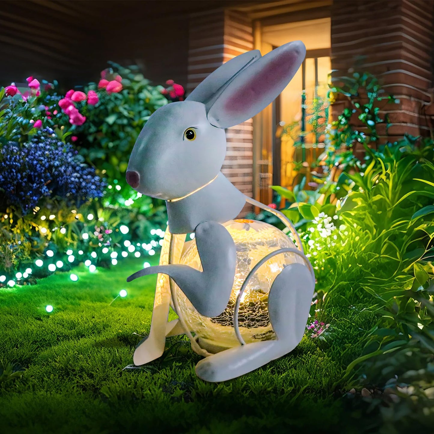 MUMTOP Solar Lantern - Waterproof White Metal Rabbit Decorative Light,  ed Glass, Tabletop Lantern for Yard Patio Garden