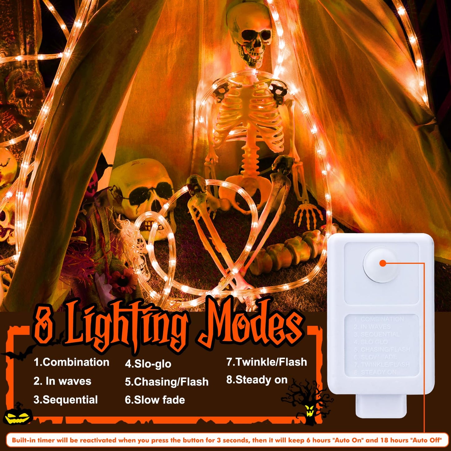 Jnaurb 100ft LED Rope Lights, Orange, Waterproof, 720 LED, Flexible Tube, 8 Modes, Indoor/Outdoor Lighting