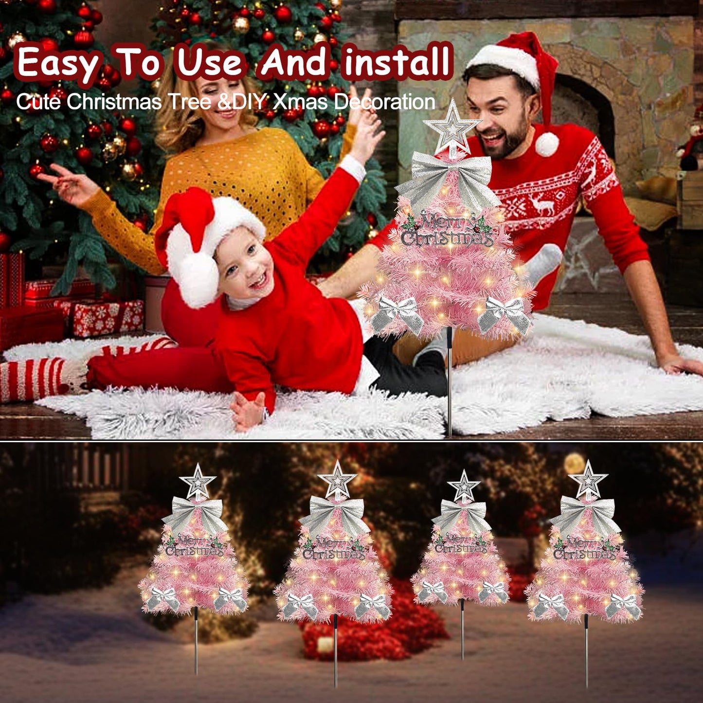 4 Pack Christmas Tree Solar Pathway Lights Outdoor Decorations  Waterproof Artificial Mini Xmas Tree Stake Lights With Diy Ornamets For Garden Yard Porch Decor (Pink Tree)