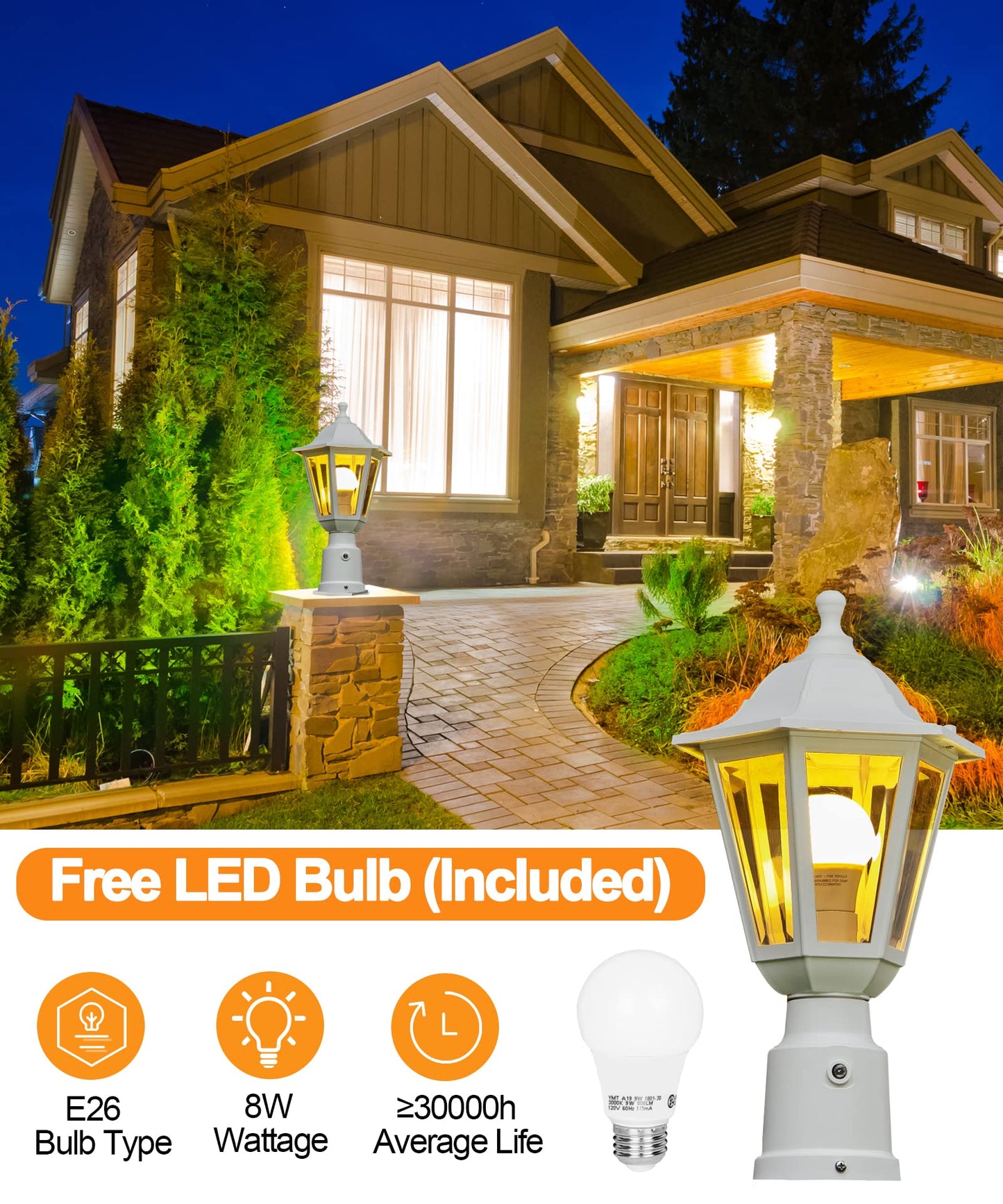 FUDESY Dusk to Dawn Outdoor Post Light, Waterproof Plastic Lantern, White