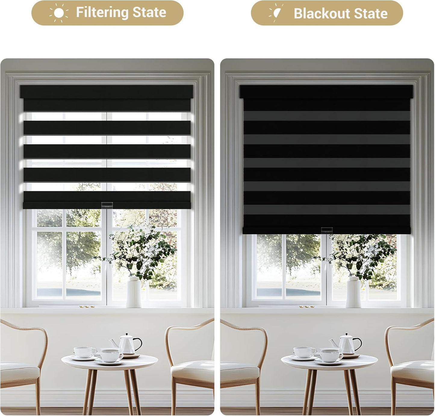 Cordless Zebra Blinds for Windows, Blackout Interior Blinds,Easy to Install,UV Protection,for Offices and Home,Custom Roller Shades, Solid Black, 66" W x 80" H