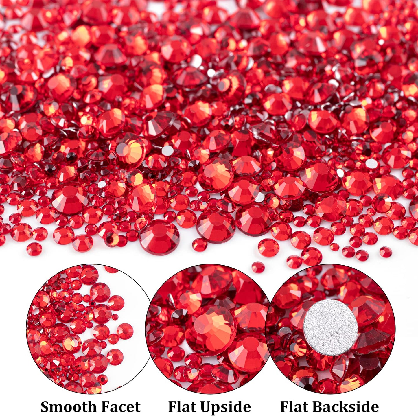 One Pack 2000 Pcs of Flatback Round Red Rhinestones 6 Sizes (1.5-6 mm) with Nail Art Rhinestone Picker Pencil and Tweezers for D