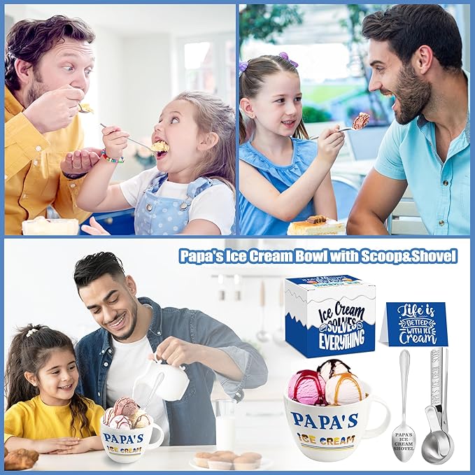 Papa Gifts, Papa Gifts from Grandkids, Papa's Ice Cream Bowl Scoop Shovel Spoon Set, Papa’s Ice Cream Gift, Christmas Birthday Father's Day Valentines Day Gift for Him Man