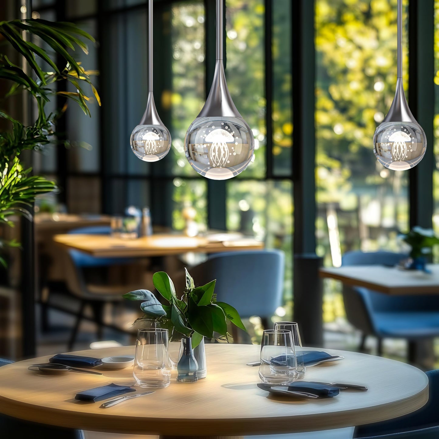 2-Pendant Lights Kitchen Island  Chrome Silver Crystal Globe Ceiling Hanging Light Fxitures  Led Lamp Metal Rod Ceiling Jellyfish Pendant Lighting For Kitchen Dining Room Bar