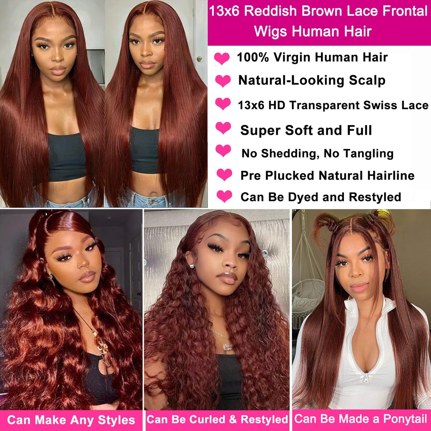 22 Inch Reddish Brown Lace Front Wigs Human Hair 13x6 Straight Lace Front Wigs 180% Density 33# Lace Frontal Wigs Human Hair Pre