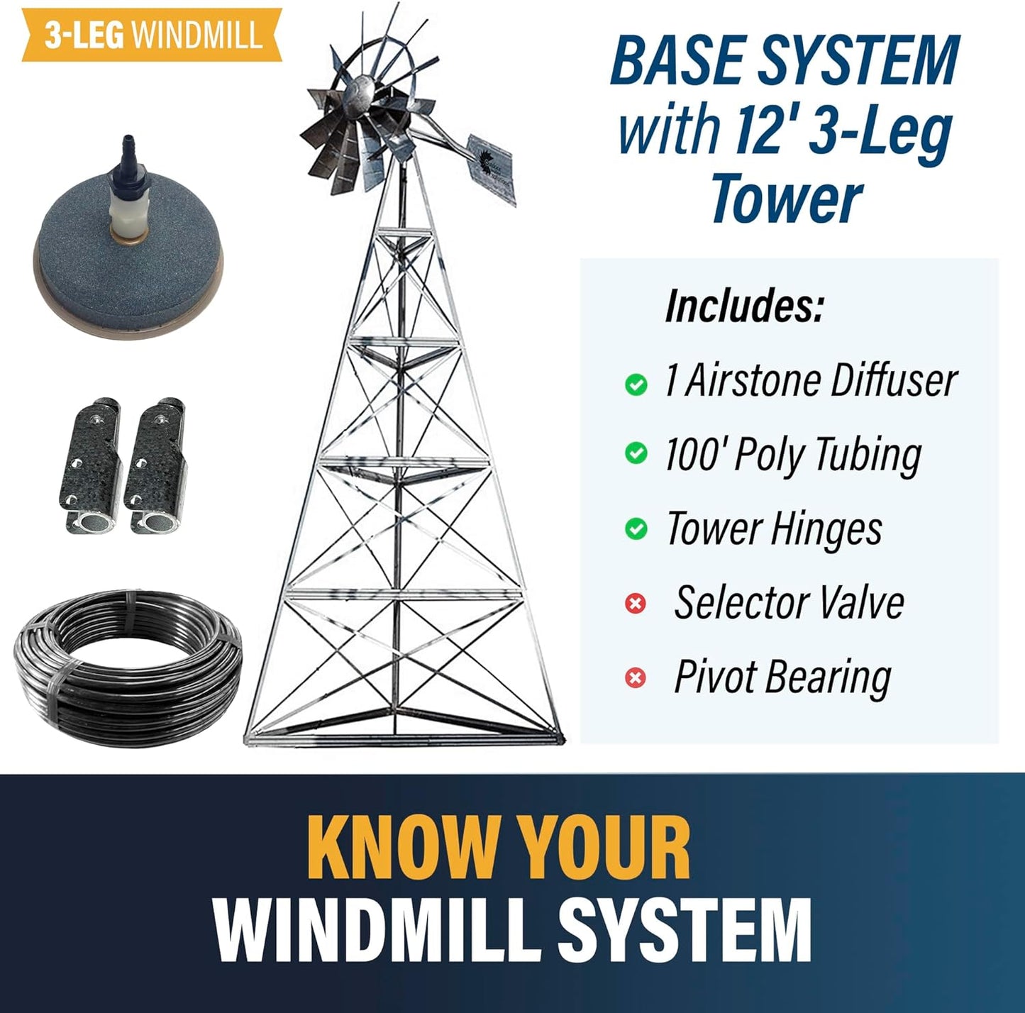 AWS0011 12-Foot Windmill Pond Aerator – Galvanized 3-Legged Aeration System – 4.5 CFM Output – BalCam Technology – Aerates Ponds Up to 1 Acre