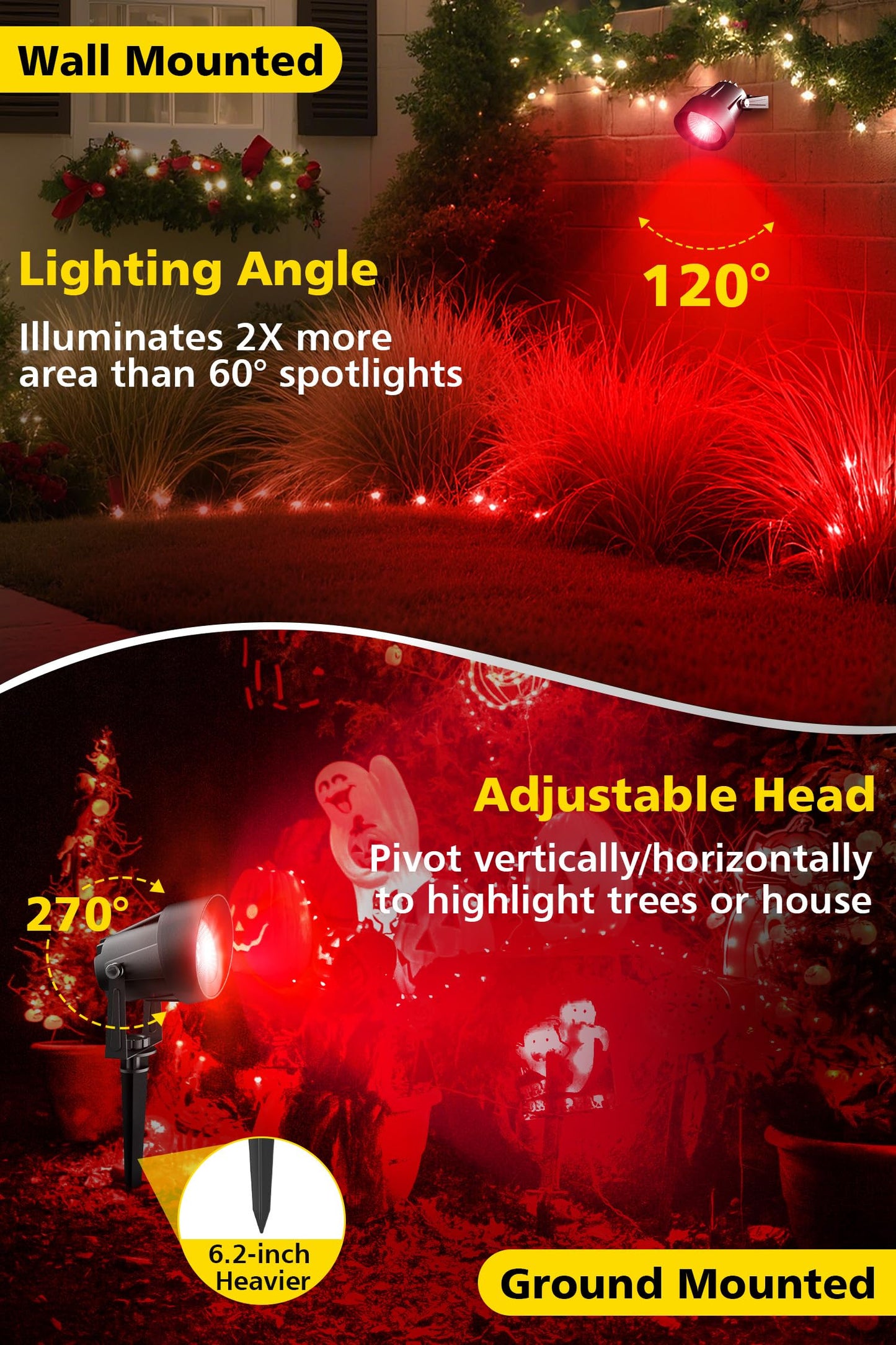 T-Sun Christmas Red Spotlight Outdoor  Waterproof Led Landscape Lighting With Us Plug  Easy Install 270?Adjustable Outdoor Spot Lights For Garden Tree Yard Decor