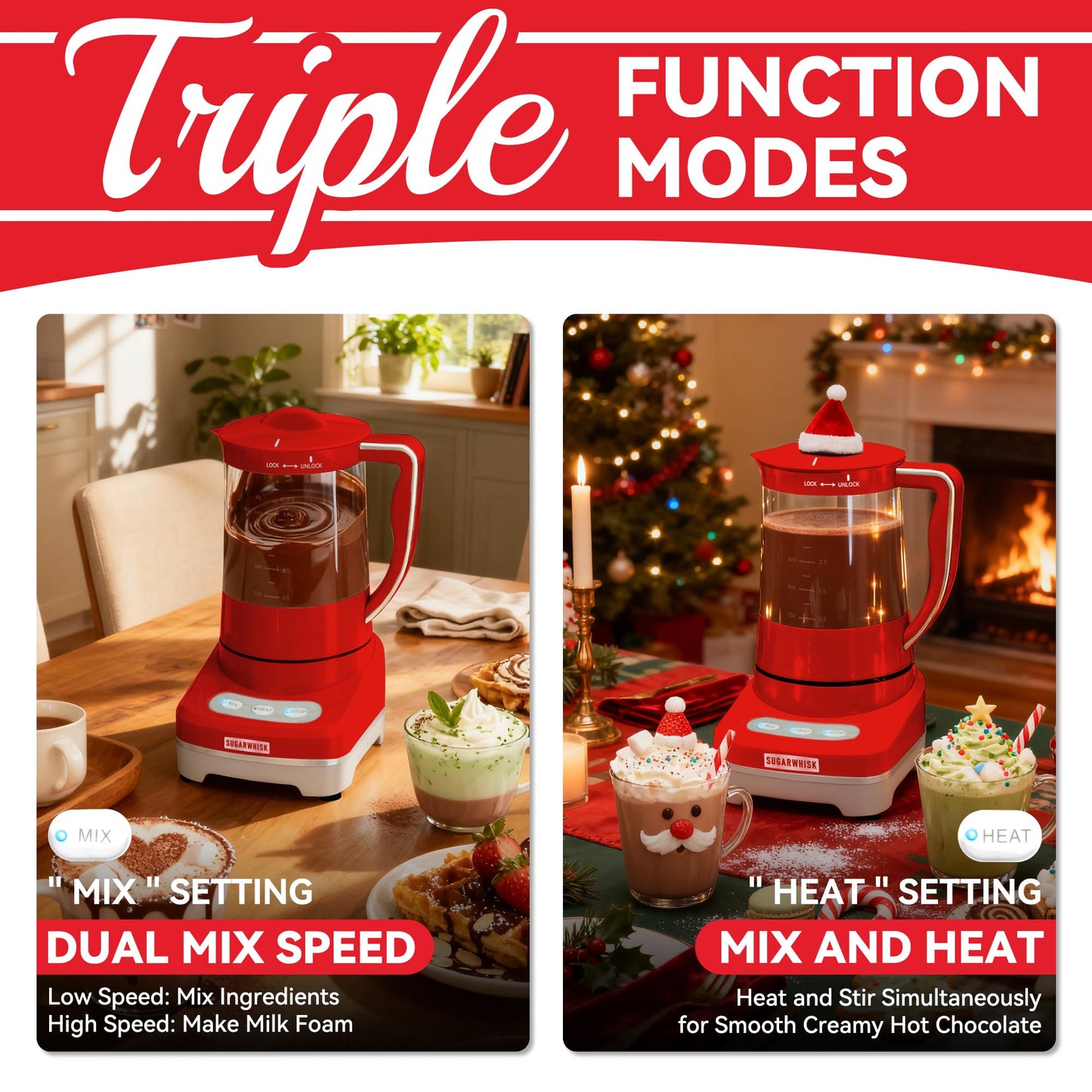 SugarWhisk 29 Oz Hot Chocolate Maker Machine, Electric Milk Frother and Steamer, Hot Cocoa Maker Machine for Hot Chocolate Bar, Detachable Pitcher, 2 Speed Mode, 3.5 Cups, Red