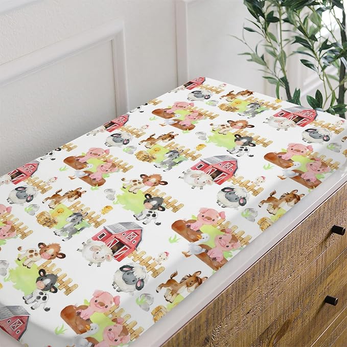 HawSkgFub Farm Animals Life Barn Changing Pad Cover for Baby Girls Boys, Natural Cow Chicken Pig Horse Diaper Change Table Covers, Soft Stretchy Safe Snug Fitted Changing Mat Sheets Fit 32"/34" x 16"