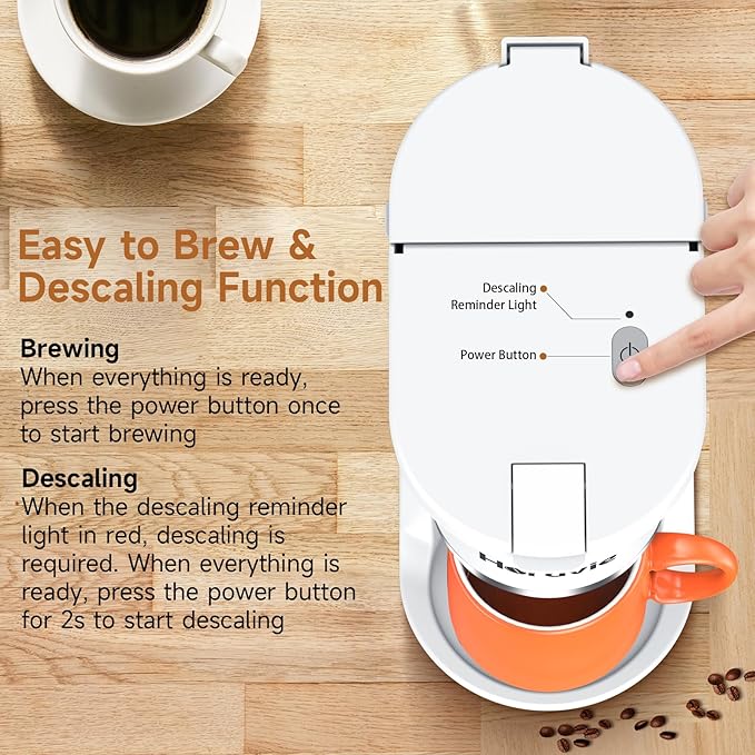 Small Single Serve Coffee Maker, Fast Brew One Cup Coffee Machine for K Cup and Grounds, 6 to 12 oz. Brew Sizes, Capsule Coffee Machine with Descaling Reminder and Viewing Tank, White