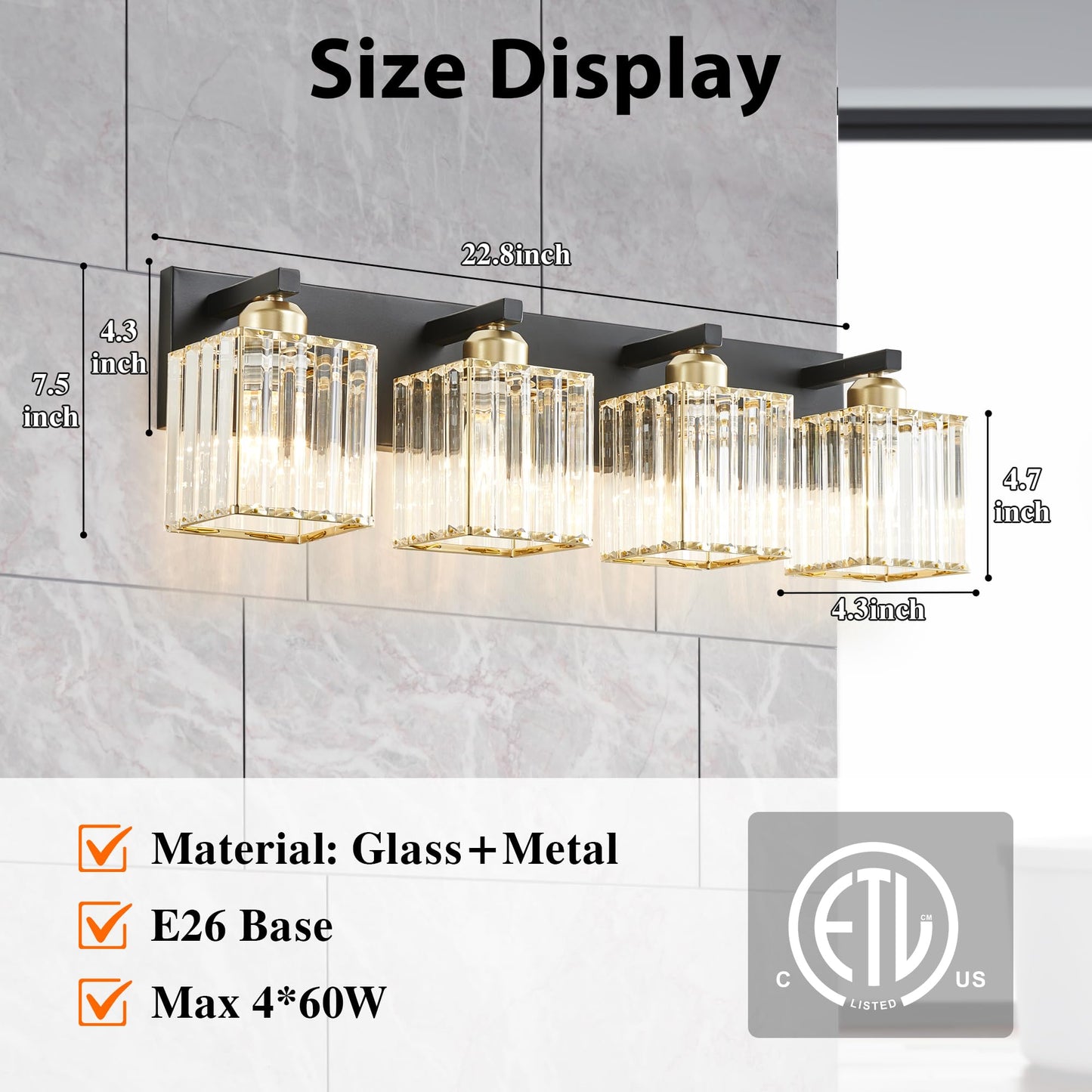 Bathroom Vanity Light Fixtures Over Mirror 4 Crystal Lights - Makeup Lighting Black Gold - For Modern Wall  Bath  Desk  Farmhouse  Hallway